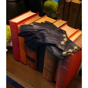 Bottega Veneta Blue and Gold Leather Gloves with Chain Detail